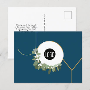 Blue Modern Wreath JOY Custom Business logo Holiday Postcard