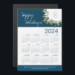 Blue Modern Wreath Your Logo here 2024 Calendar<br><div class="desc">Extend your Holiday greetings and thank your clients, employees and customers with these modern and customisable Christmas Corporate Holiday magnetic 2024 calendar cards. Replace the logo with your own branding, personalise the message, Featuring my modern wreath illustration in gold, green, and the words "Happy Holidays" in a gold colour hue...</div>