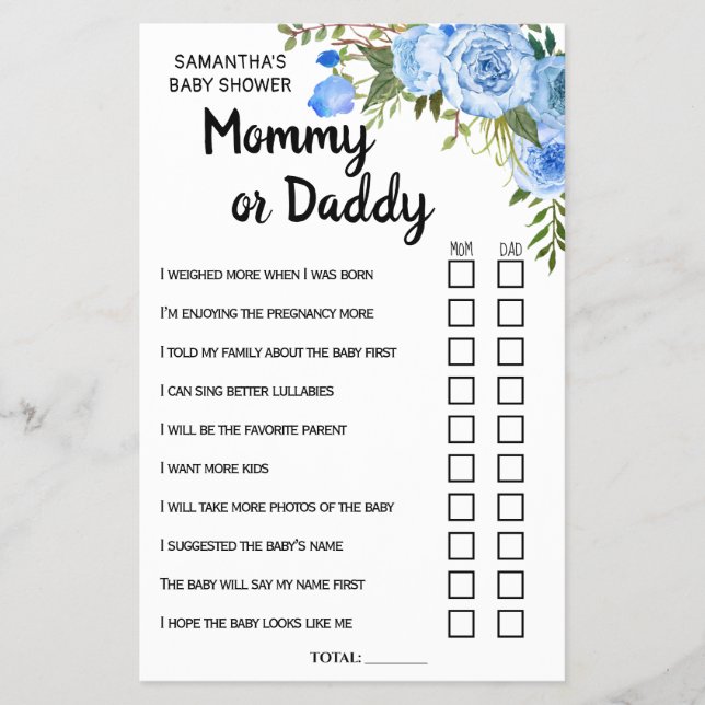 Blue Mom or Dad he she said bilingual game card (Front)