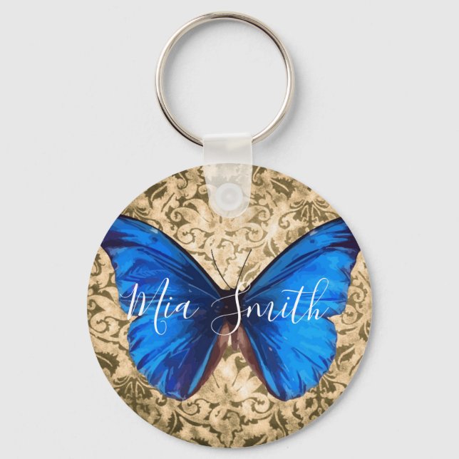 Blue Monarch butterfly damask personal name Key Ring (Front)