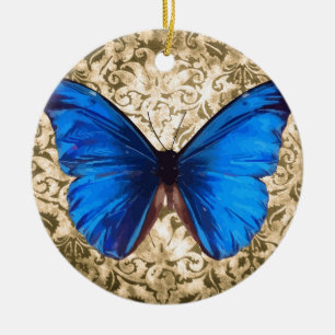 Blue Monarch butterfly damask Vintage art Ceramic Ornament