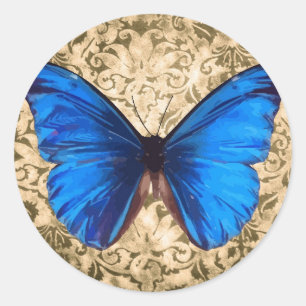 Blue Monarch butterfly damask Vintage art Classic Round Sticker