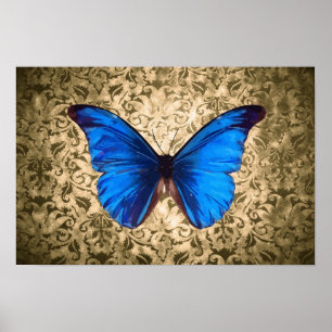 Blue Monarch butterfly damask vintage art Poster