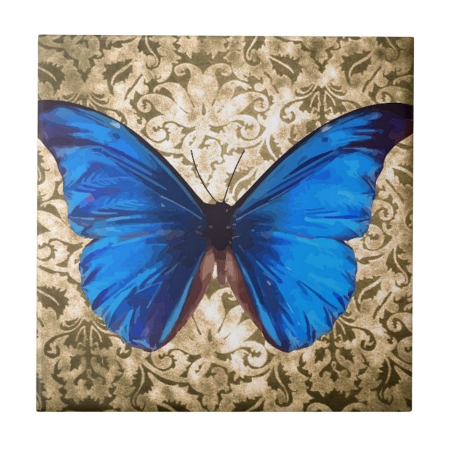 Blue Monarch butterfly damask Vintage art Tile (Front)