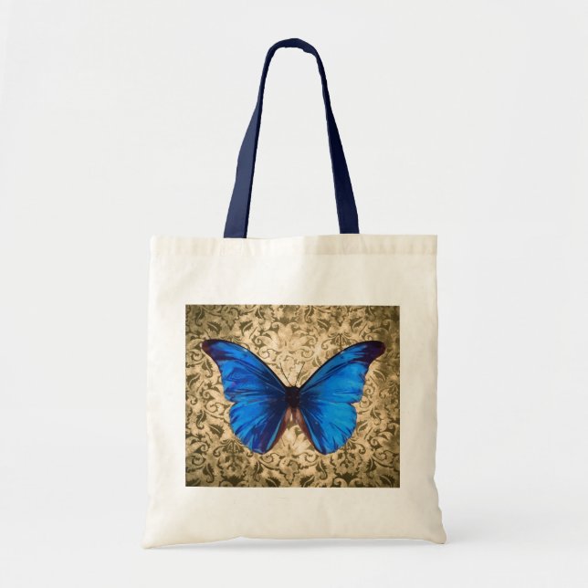 Blue Monarch butterfly damask Vintage art Tote Bag (Front)