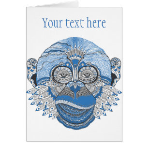 Blue Monkey Face with Pattern and Feathers