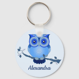 Blue Monochromatic Cartoon Owl Key Ring