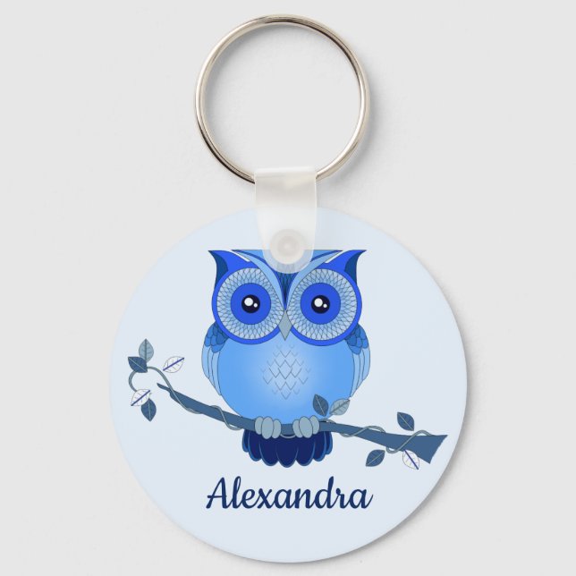 Blue Monochromatic Cartoon Owl Key Ring (Front)