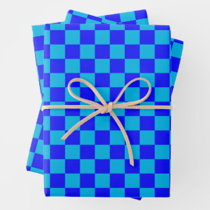 Blue Monochrome Chequerboard Pattern Wrapping Paper Sheet