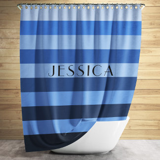 Blue Monochrome Striped Pattern Personalised Name Shower Curtain
