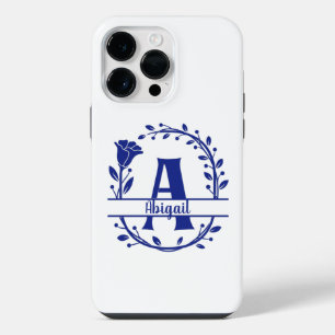 Blue Monogram A, Initial A, Letter A, Floral iPhone 14 Pro Max Case
