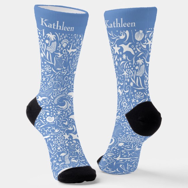 Blue Monogram Add Your Name Ocean Pattern Socks (Angled)