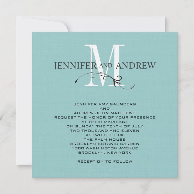 Blue Monogram and Names Wedding Invitation (Front)