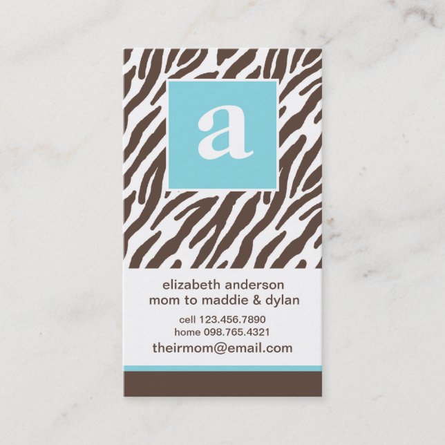 Blue Monogram and Zebra Print Calling Card (Front)