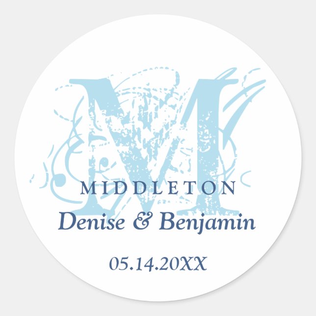 Blue monogram antique chic label wedding favour (Front)