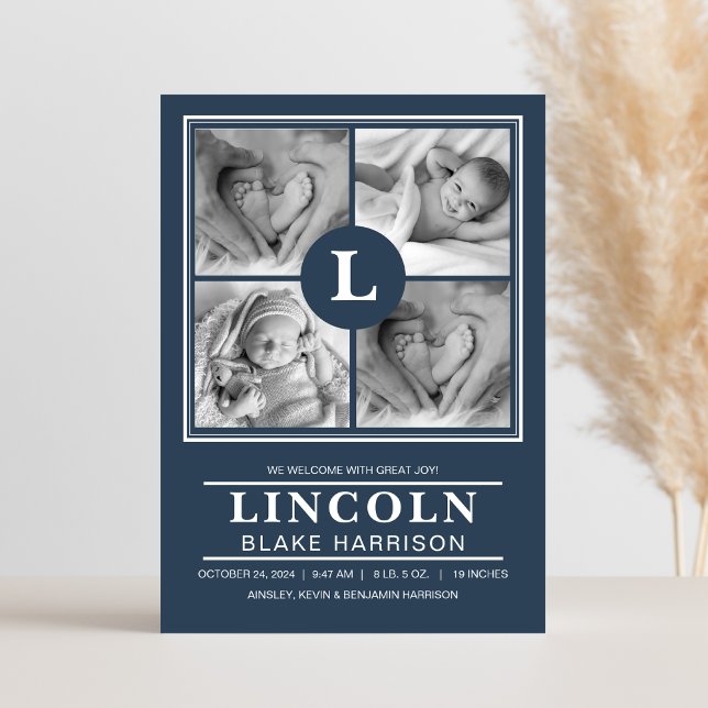 Blue Monogram Baby Boy Birth Announcement Card (Creator Uploaded)