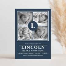 Blue Monogram Baby Boy Birth Announcement Card