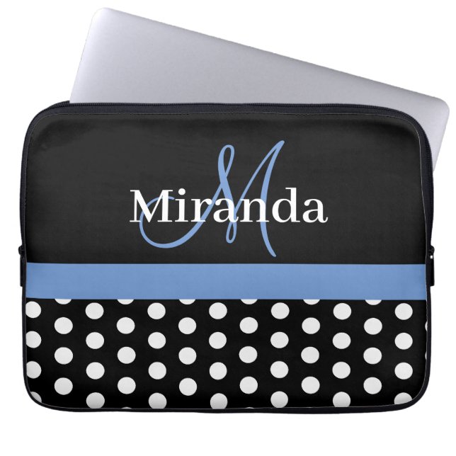 Blue Monogram Black White Polka Dot Laptop Sleeve (Front)