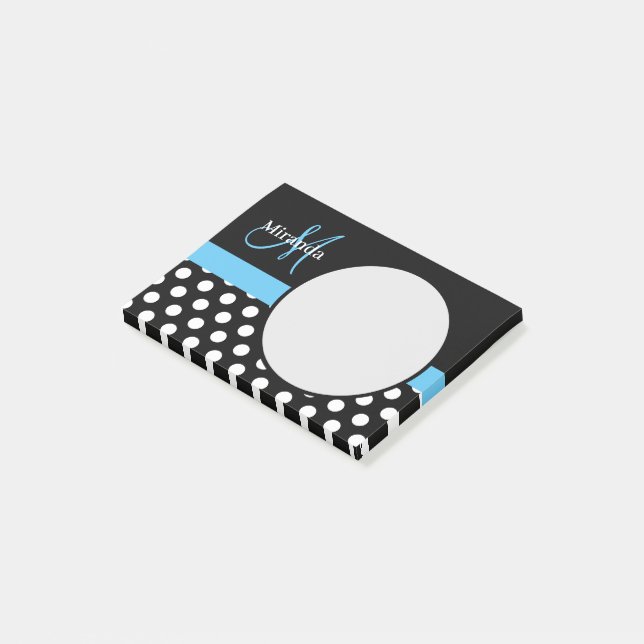 Blue Monogram Black White Polka Dot Post-it Notes (Angled)