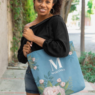 Blue Monogram Blush Pink Floral Custom Tote Bag
