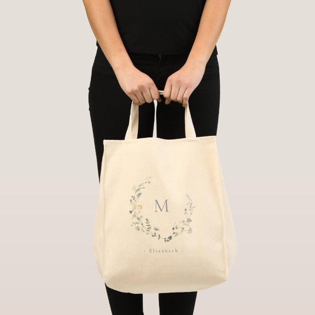 Blue Monogram Boho Wildflower Wreath Bridesmaid Tote Bag (Front (Product))
