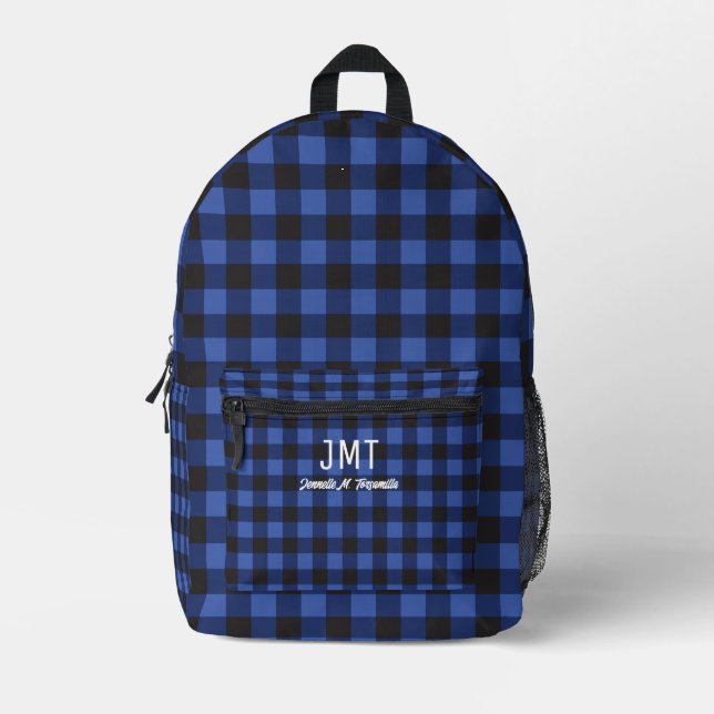 Blue Monogram Buffalo Plaid Printed Backpack (Front)