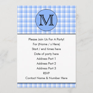 Blue Monogram Check Pattern. Custom Letter. Invitation