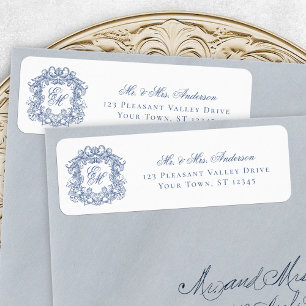 Blue Monogram Crest Elegant Wedding Return Address Label