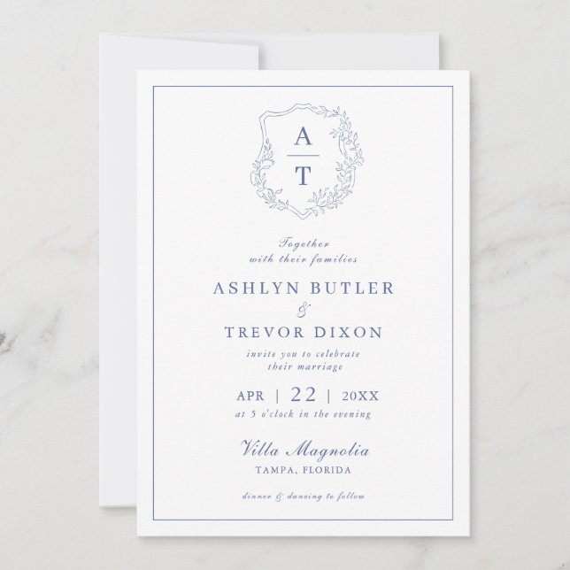 Blue Monogram Crest Wedding Invitation (Front)