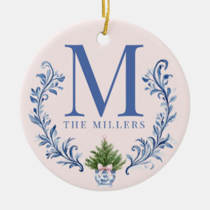 Blue Monogram Crest with Christmas Tree  Ceramic Ornament