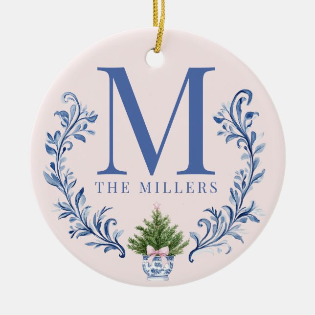 Blue Monogram Crest with Christmas Tree  Ceramic Ornament (Front)