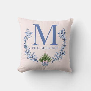 Blue Monogram Crest with Christmas Tree  Cushion