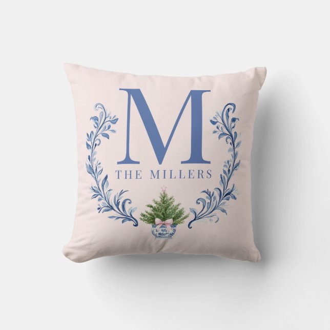 Blue Monogram Crest with Christmas Tree  Cushion (Front)