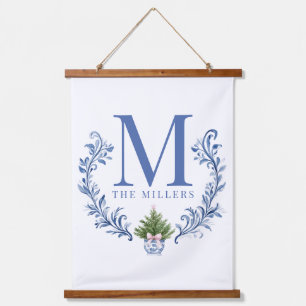 Blue Monogram Crest with Christmas Tree  Hanging Tapestry