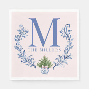 Blue Monogram Crest with Christmas Tree  Napkin
