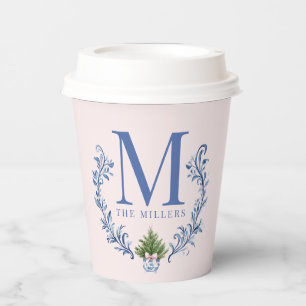 Blue Monogram Crest with Christmas Tree  Paper Cups