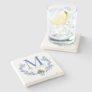 Blue Monogram Crest with Christmas Tree Stone Coaster