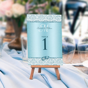 Blue Monogram Damask Glitter Wedding Table Number