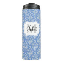Blue Monogram Damask Pattern Thermal Tumbler