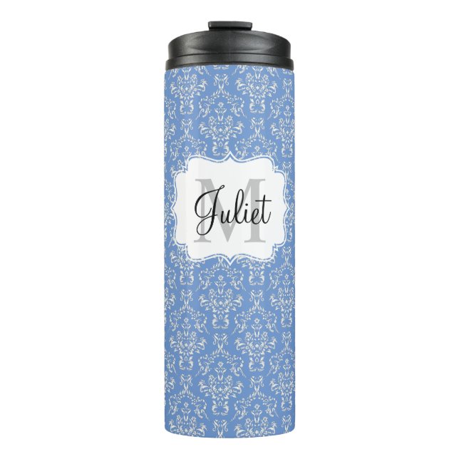 Blue Monogram Damask Pattern Thermal Tumbler (Front)