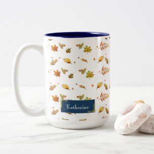 Blue Monogram Fall Leaf Thanksgiving  Two-Tone Coffee Mug