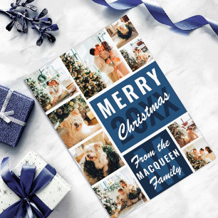 Blue Monogram Family Photo Collage Christmas Card