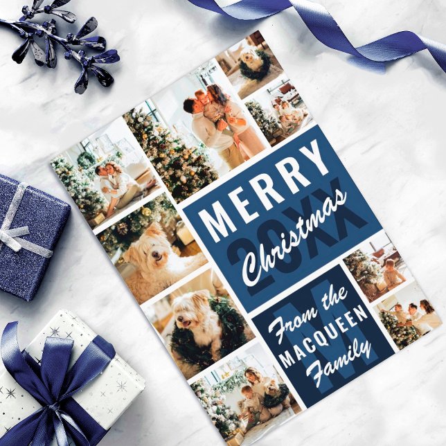 Blue Monogram Family Photo Collage Christmas Card (Creator Uploaded)