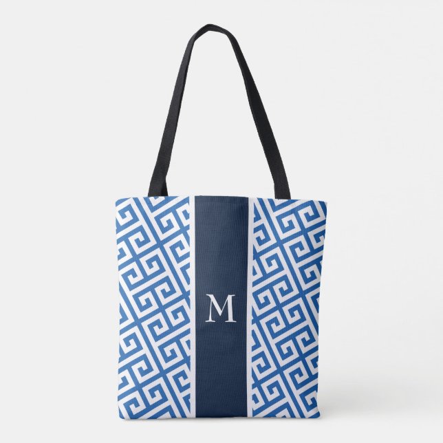 Blue Monogram Greek Key  Tote Bag (Back)