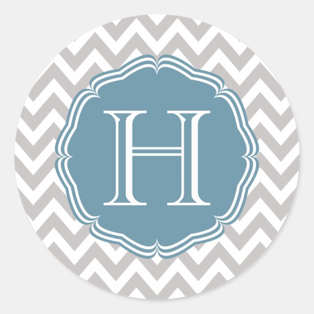 Blue monogram in elegant gray chevron classic round sticker (Front)