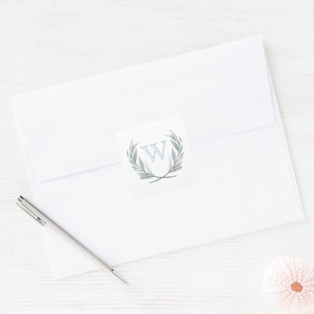 Blue Monogram Initial Laurel Crest Stickers (Envelope)