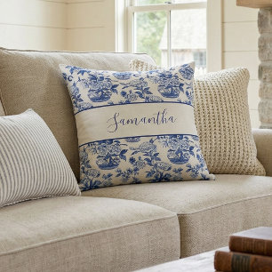 Blue Monogram Name French Country Throw Pillow