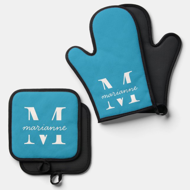 Blue Monogram Name Initial Simple Custom Oven Mitt & Pot Holder Set (Front/Back)