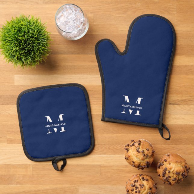 Blue Monogram Name Initial Simple Plain Custom Oven Mitt & Pot Holder Set (Top Down)