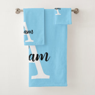 Blue Monogram Name Script Personalised Design Bath Towel Set